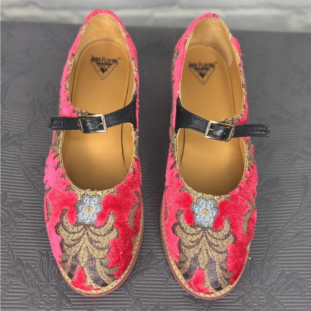 John Fluevog Pink and Black Velvet Flats with Embroidery